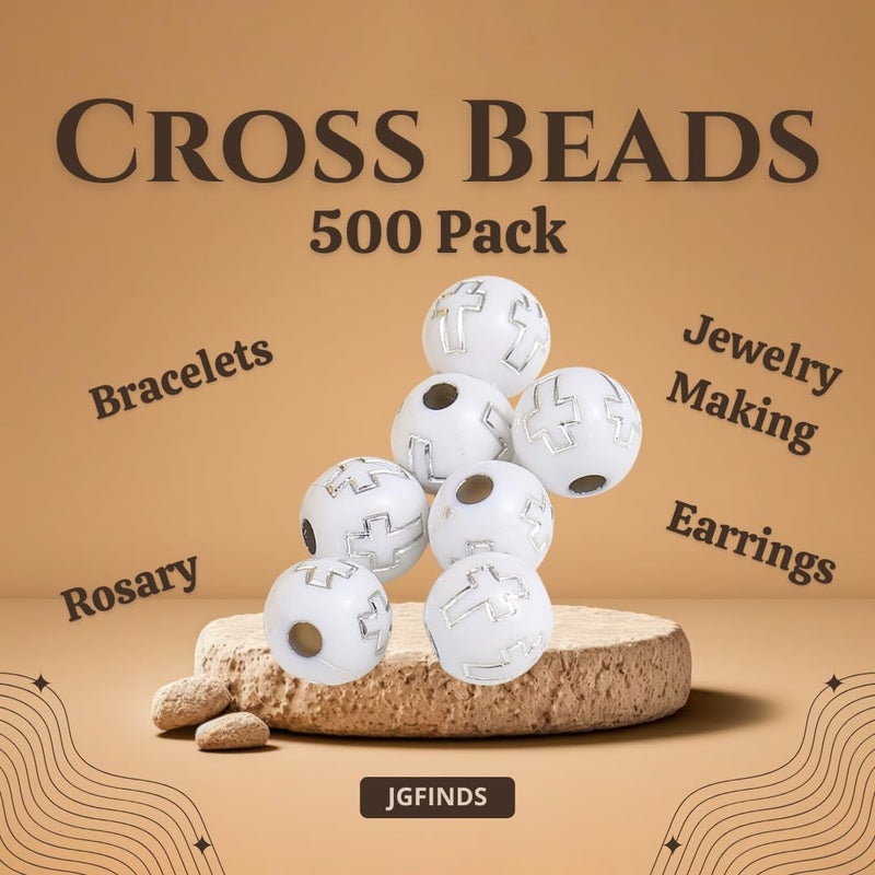 JGFinds Small Round Religious Spacer Beads, 500 Pack Ball Shaped Bead Spacers, 8mm (1/3 Inch) with 2mm Large Hole, Acrylic with Wood Look, Christian Beads (Silver Cross) - Image 2
